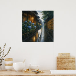 series_2_1|Square Kyoto Rain White Cat Japanes Art ポスター