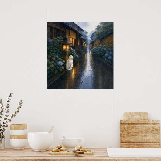series_2_2|Square Kyoto Lantern White Cat Art ポスター (キッチン)