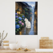 series_2_3|Rainy Kyoto White Cat Hydrangea Art ポスター (キッチン)
