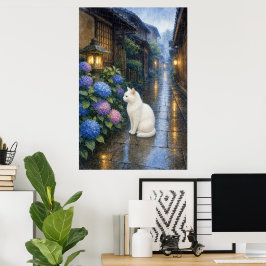 series_2_3|Rainy Kyoto White Cat Hydrangea Art ポスター
