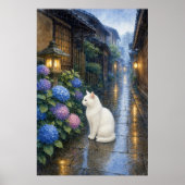 series_2_3|Rainy Kyoto White Cat Hydrangea Art ポスター (正面)