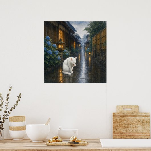 series_2_4｜Square Kyoto Cat Grooming White Cat Art ポスター (キッチン)