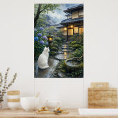 series_2_7|Quiet Kyoto Garden White Cat Art ポスター (キッチン)