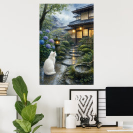 series_2_7|Quiet Kyoto Garden White Cat Art ポスター