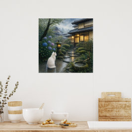 series_2_7|Square Kyoto Zen Garden White Cat Art ポスター