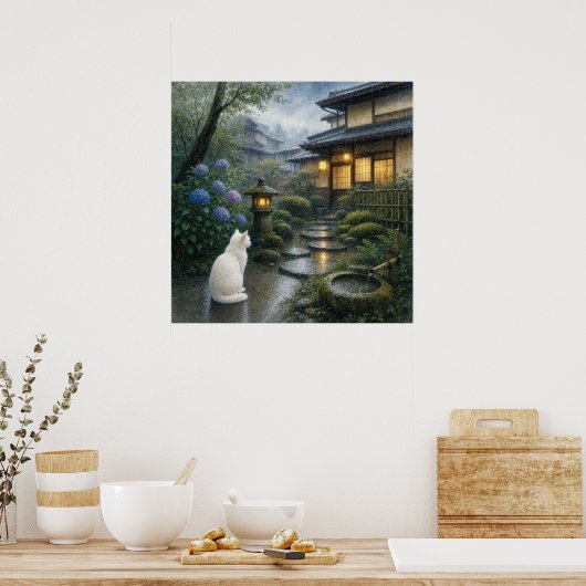 series_2_7|Square Kyoto Zen Garden White Cat Art ポスター (キッチン)