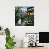 series_2_7|Square Kyoto Zen Garden White Cat Art ポスター (ホームオフィス)