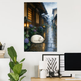 series_2_8|Sleeping White Cat Rainy Kyoto Art ポスター