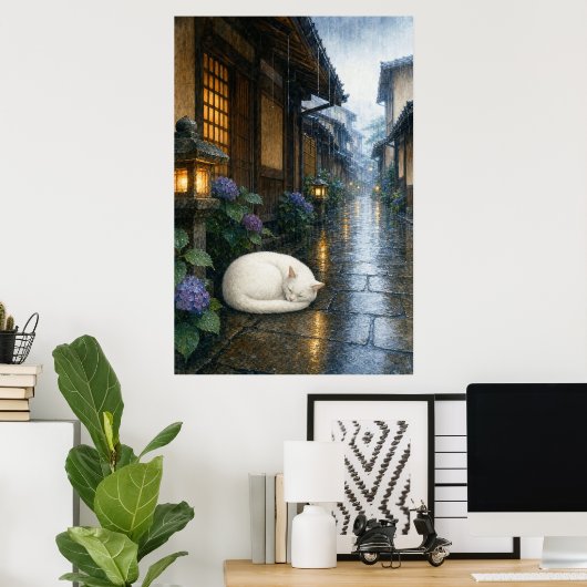 series_2_8|Sleeping White Cat Rainy Kyoto Art ポスター (ホームオフィス)
