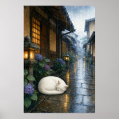 series_2_8|Sleeping White Cat Rainy Kyoto Art ポスター (正面)