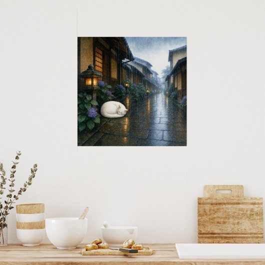 series_2_8|Square Kyoto Sleeping White Cat Art ポスター (キッチン)