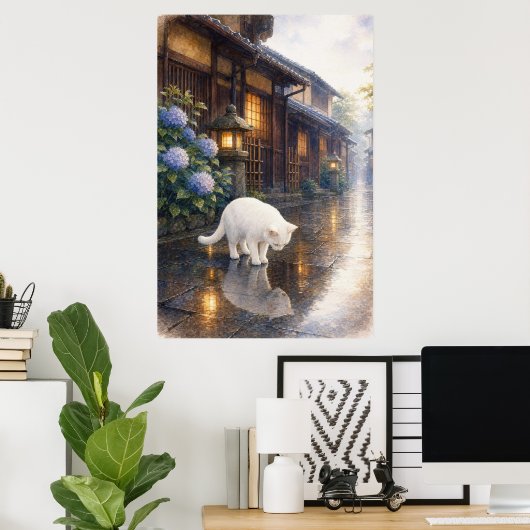 series_2_9｜Kyoto Puddle Reflection White Cat Art ポスター (ホームオフィス)