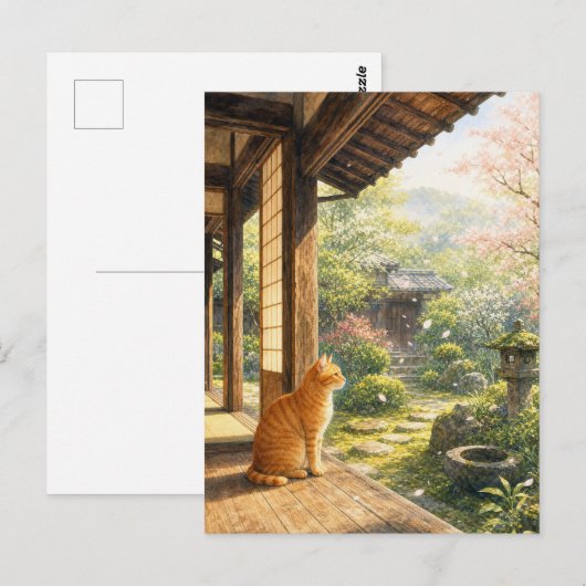 series_3_10|Spring Sakura Veranda Tabby Cat Art ポストカード (正面/裏面)