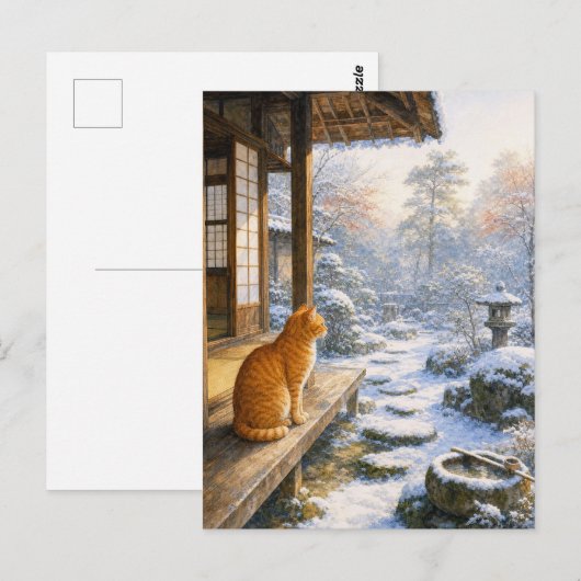 series_3_7|Winter Snow Veranda Tabby Cat Japan Art ポストカード (正面/裏面)