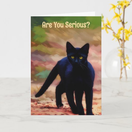 Serious Looking Black Cat Fun Pun Birthday Card カード (黄色い花)