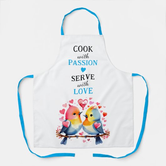 Serve with love birds white blue エプロン (正面)