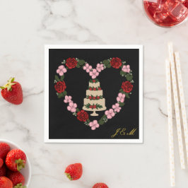 Serviette de table noire décorée d'un cœur rose  スタンダードカクテルナプキン