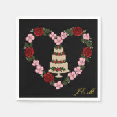 Serviette de table noire décorée d'un cœur rose  スタンダードカクテルナプキン (正面)
