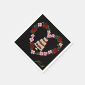 Serviette de table noire décorée d'un cœur rose  スタンダードカクテルナプキン (角)