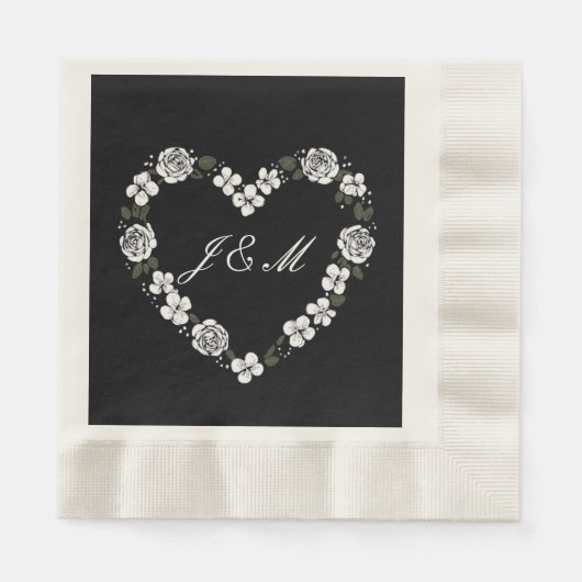 Serviettes de mariage noires et blanches floral 縁ありランチョンナプキン (正面)