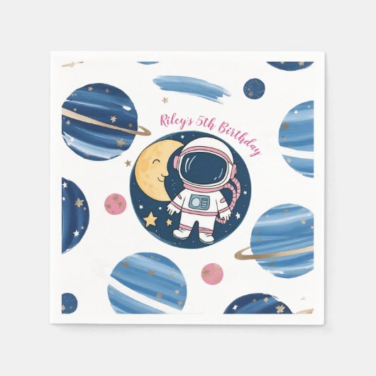 Servilleta De Papel Cumpleaños Astronauta PinkBlue スタンダードカクテルナプキン (正面)