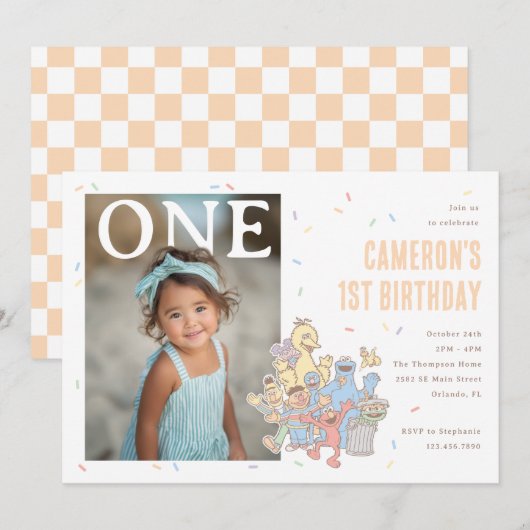 Sesame Street Pastel Orange Confetti 1st Birthday 招待状 (正面/裏面)