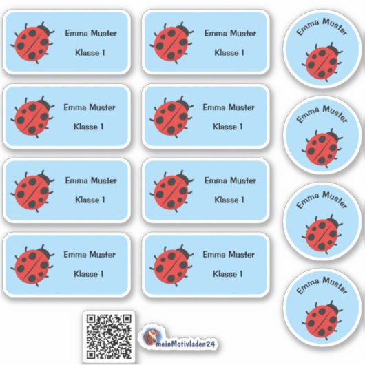 Set - 12 Namensaufkleber Marienkäfer - hellblau | シール (正面)