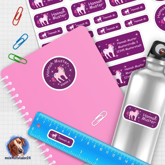 Set - 24 Namensaufkleber Fantasy Einhorn pink | シール