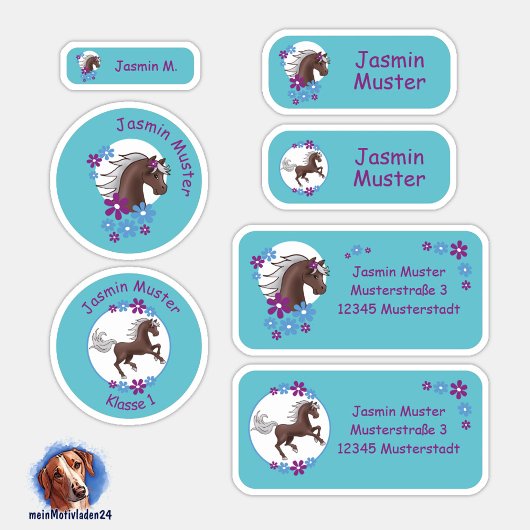 Set - 24 Namensaufkleber Pferde Blumen türkis |  シール