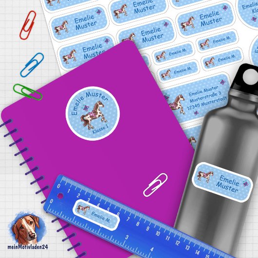 Set - 24 Namensaufkleber Pferde Herzchen blau | シール