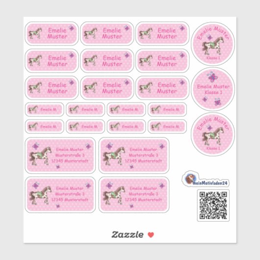 Set - 24 Namensaufkleber Pferde Herzchen rosa |  シール (シート)