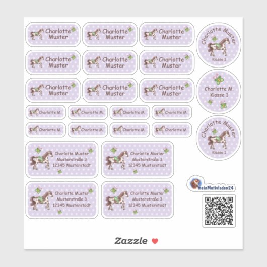 Set - 24 Namensaufkleber Pferde Sternchen lila | シール (シート)
