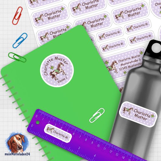 Set - 24 Namensaufkleber Pferde Sternchen lila | シール