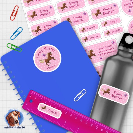 Set - 24 Namensaufkleber Pferde Sterne rosa | シール