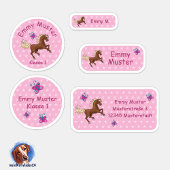 Set - 24 Namensaufkleber Pferde Sterne rosa | シール