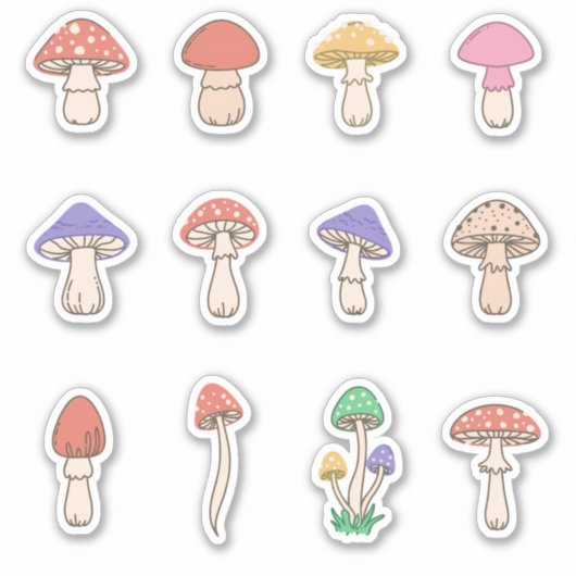 Set of 12 Classic Cute Doodle Mushrooms シール (正面)