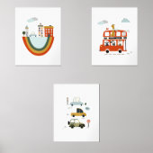 Set of 3 Baby Nursery Artwork Cute Animals Cars (正面)