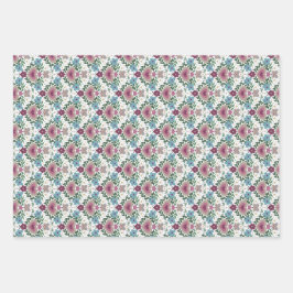 Set of 3-Earthy Pink & Teal Flowers and Hearts ラッピングペーパーシート