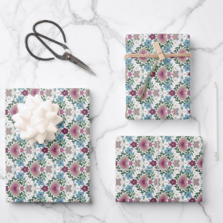 Set of 3-Earthy Pink & Teal Flowers and Hearts ラッピングペーパーシート