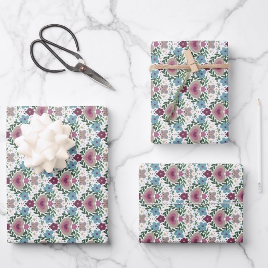 Set of 3-Earthy Pink & Teal Flowers and Hearts ラッピングペーパーシート (正面)