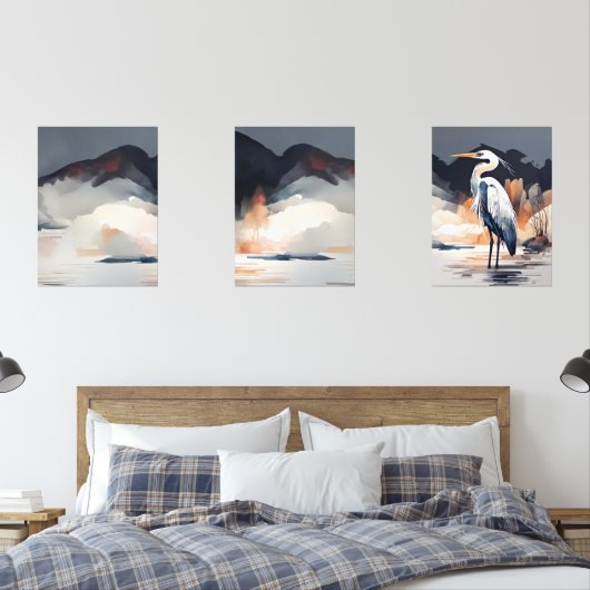 Set of 3 Heron Landscape Paintings | Orange & Gray (寝室)