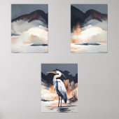 Set of 3 Heron Landscape Paintings | Orange & Gray (正面)