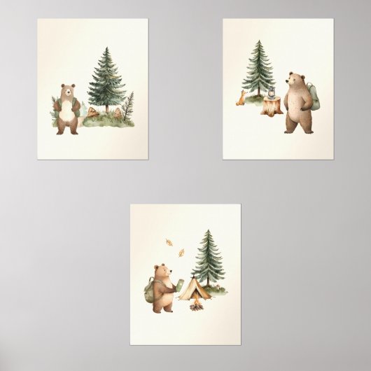 Set of 3 One Happy Camper Bear Nursery Wall Art (正面)