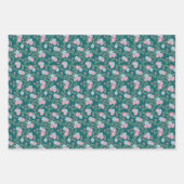 Set of 3 - Pink & Blue Floral on Teal – Modern ラッピングペーパーシート (正面3)