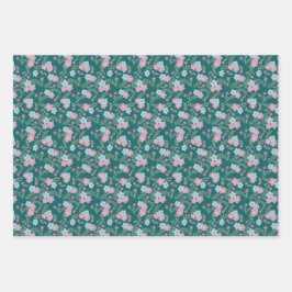 Set of 3 - Pink & Blue Floral on Teal – Modern ラッピングペーパーシート