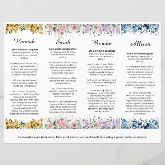 Set of 4 Editable LDS Young Women Theme Bookmarks (正面)