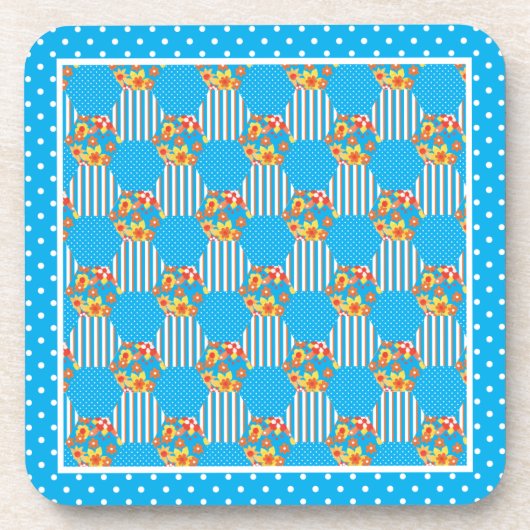 Set of Cork-backed Coasters Orange, Blue Patchwork コースター (正面)