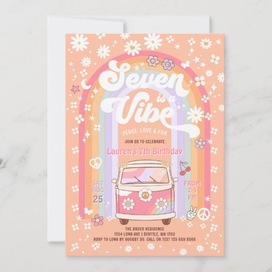 SEVENはVibe Groovy Van Hippie 7誕生日 招待状 (正面)