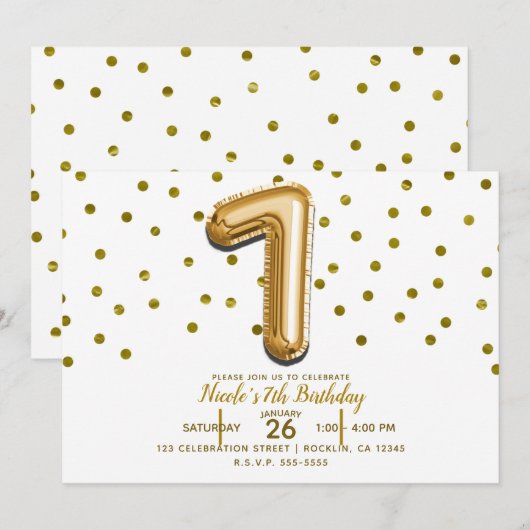 SEVEN 7 ゴールドバルーンの紙吹雪 7歳の誕生日パーティー 招待状 (正面/裏面)