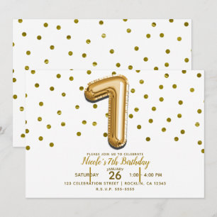 SEVEN 7 ゴールドバルーンの紙吹雪 7歳の誕生日パーティー 招待状